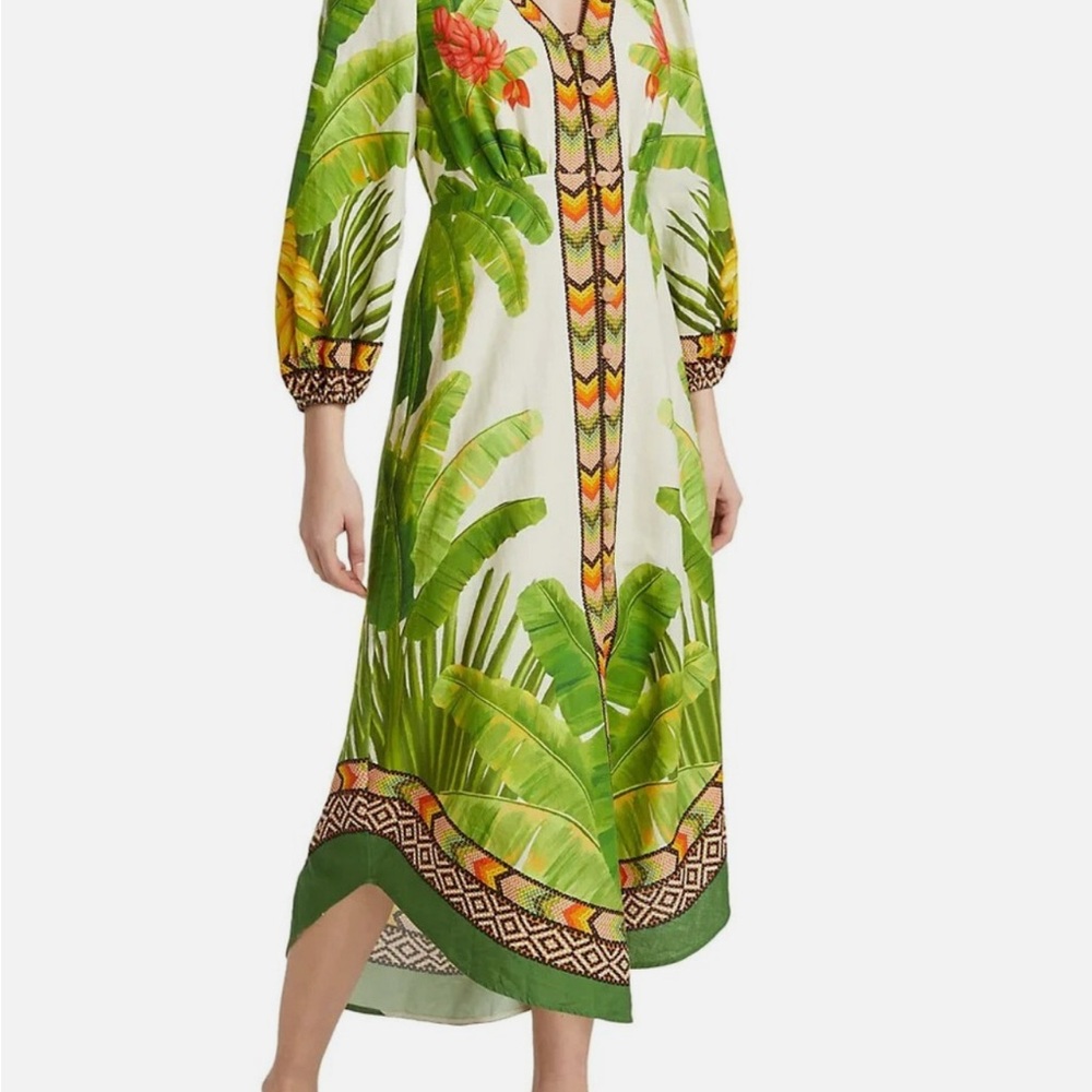 FARM Rio Green and White Leaf Print Dress (NWT)